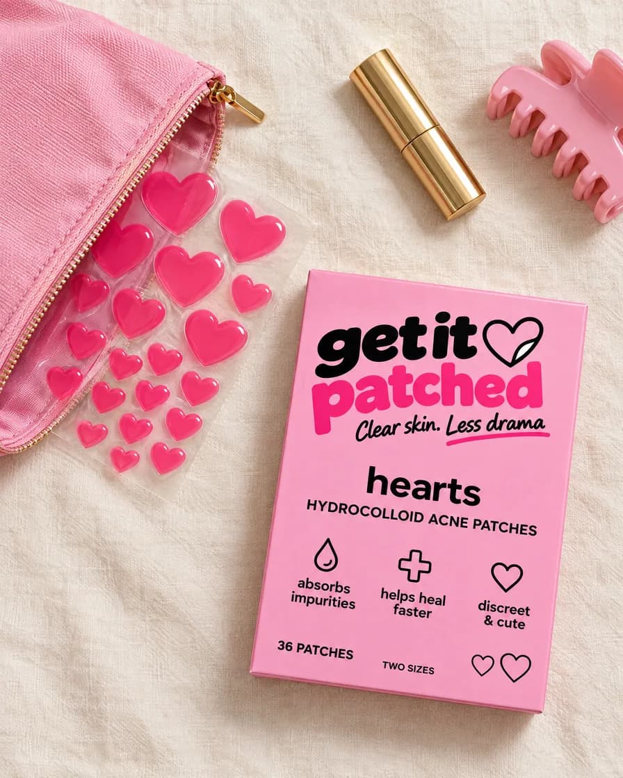 A pink pouch with a hearts pack and a sheet of heart patches