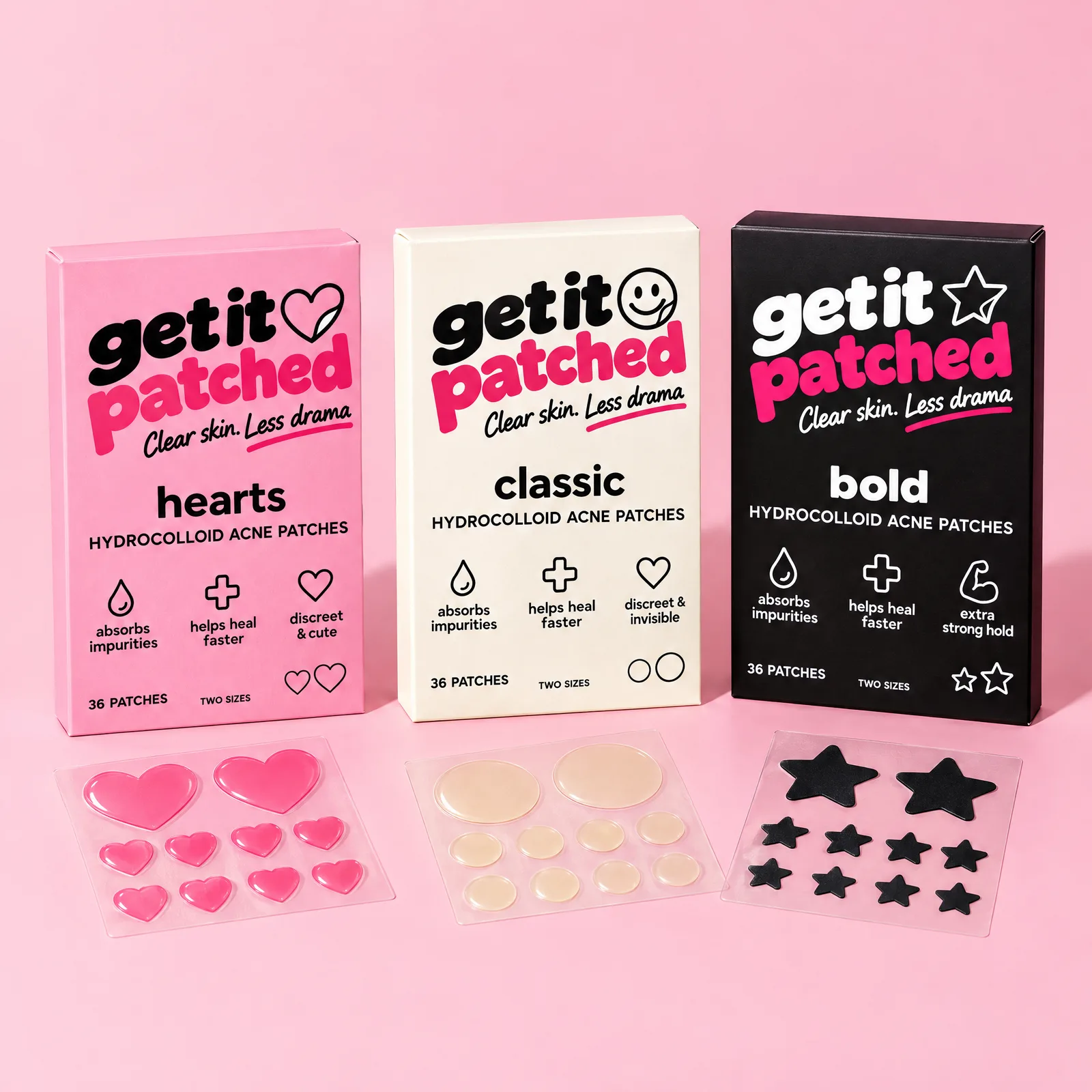 Hearts, Classic and Bold Get It Patched boxes with their patch sheets on a pink backdrop