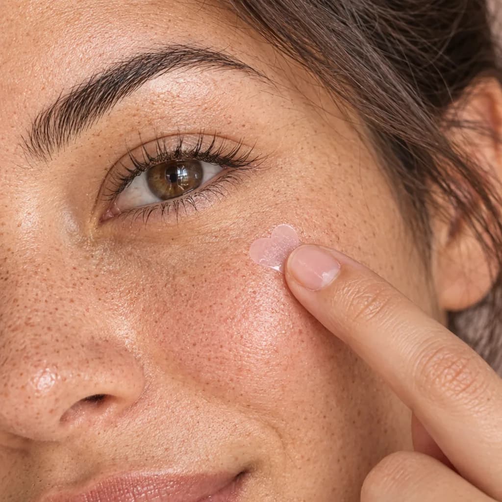 A fingertip pressing a heart-shaped patch onto a cheek