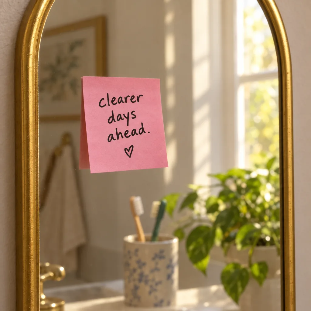 A pink sticky note on a mirror that reads clearer days ahead